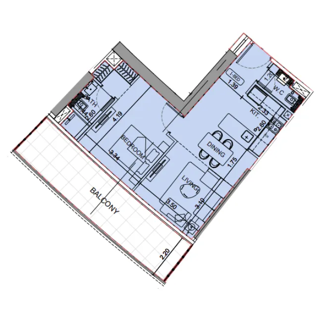 Binghatti Aquarise 1 bed floor plan, 824 sqft