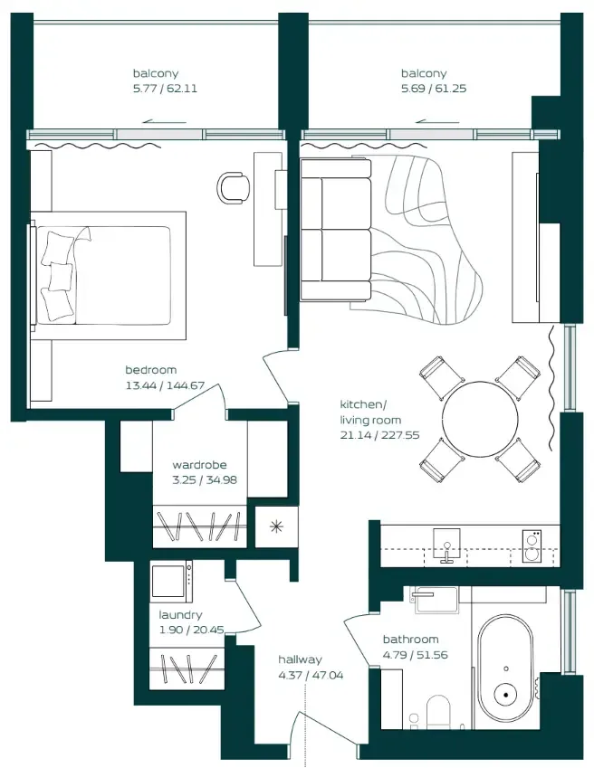 Vibe 1 bed floor plan, 729 sqft