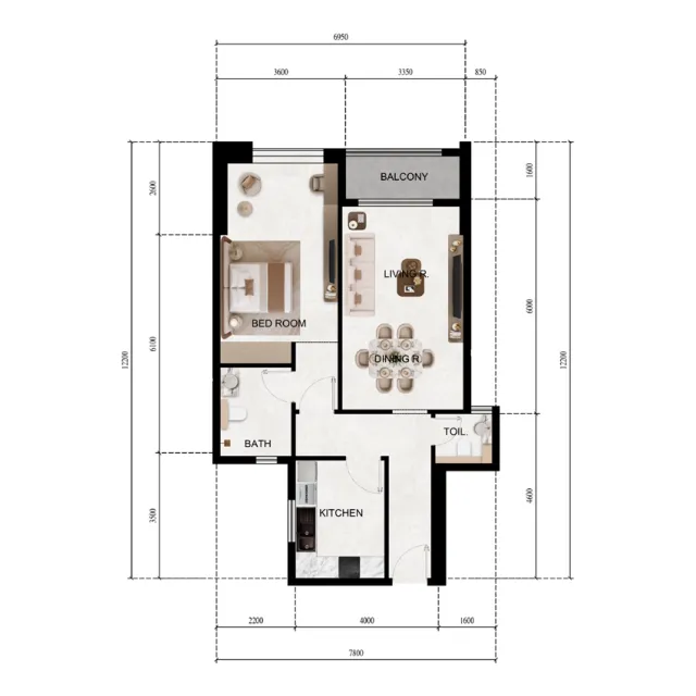 Lily Tower 1 bed floor plan, 802 sqft