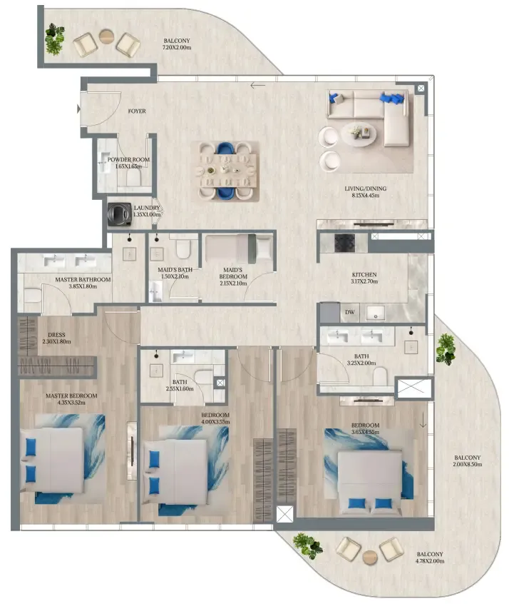 Maravea Residences 3 bed floor plan, 2,052 sqft