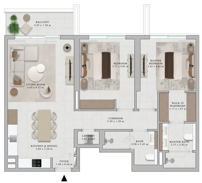 Rosehill 2 bed floor plan, 1,187 sqft