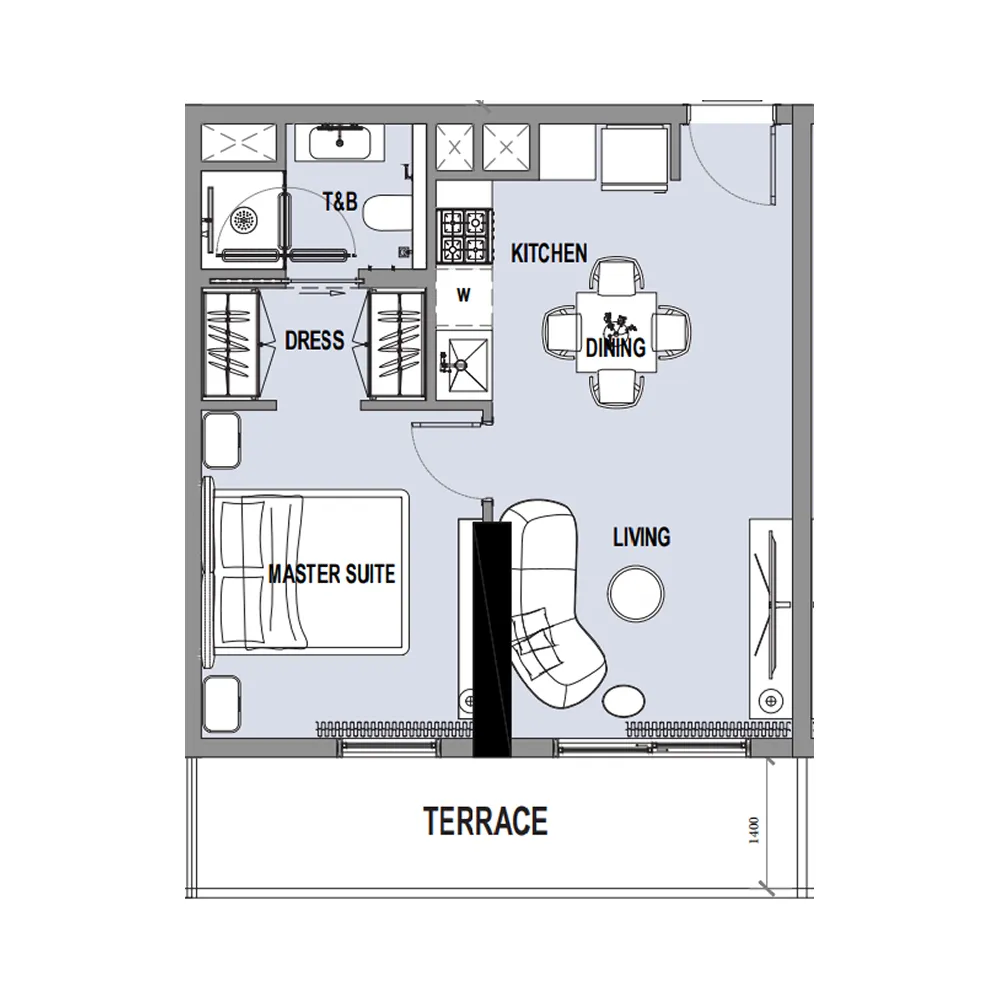 Verso 1 bed floor plan, 571 sqft