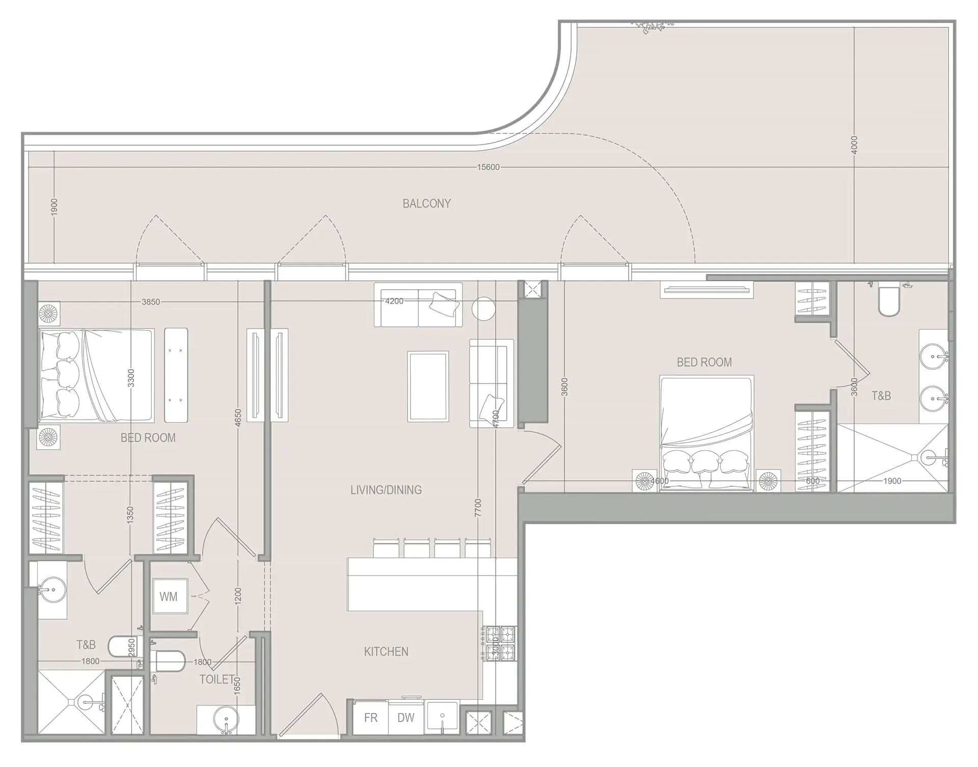 A1LA Residence 2 bed floor plan, 1,257 – 1,259 sqft