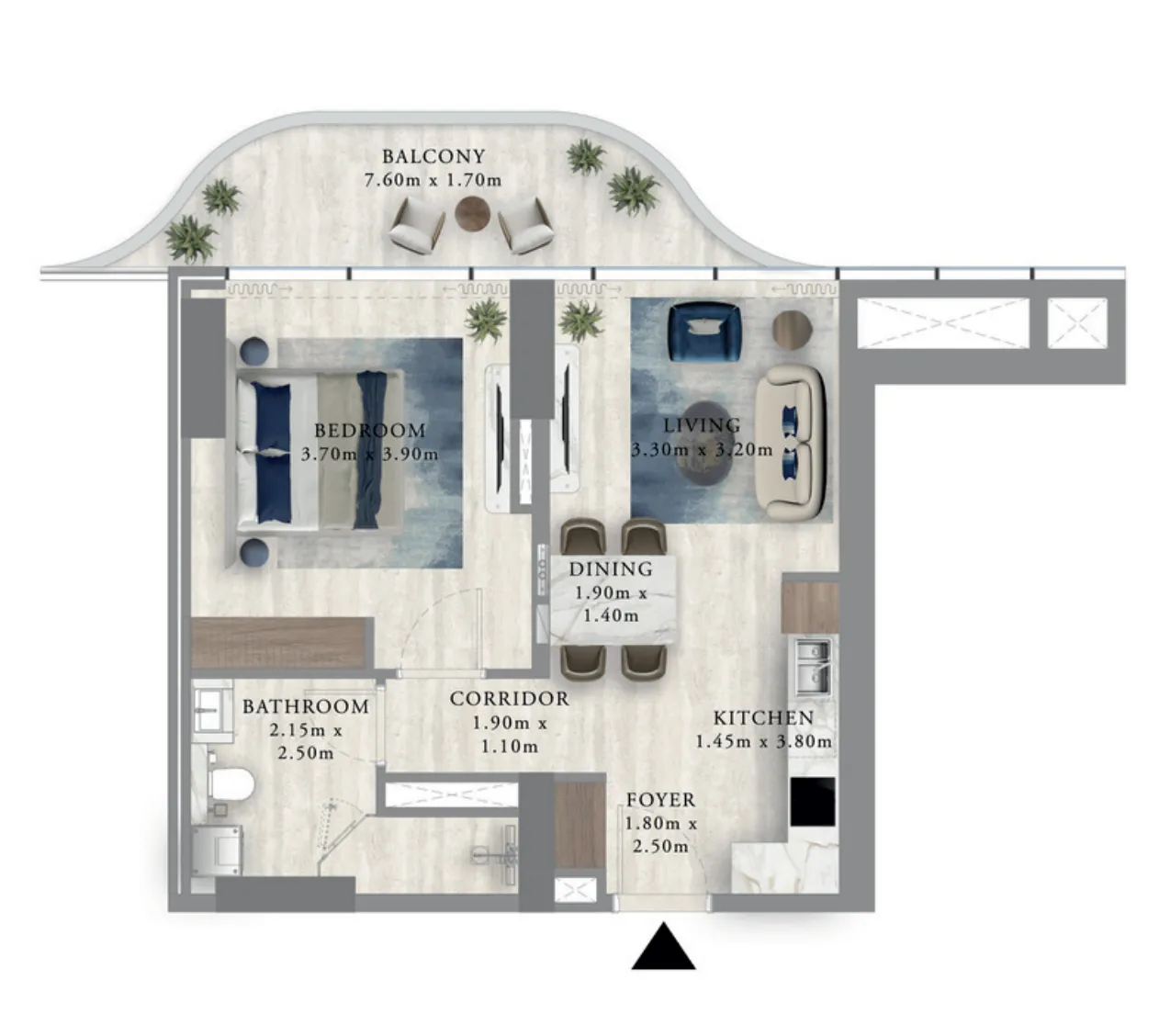 Royal Yacht Club Residence 1 bed floor plan, 711 – 1,153 sqft