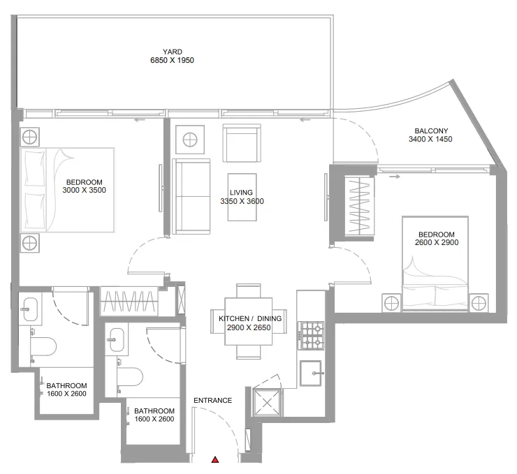 Bayfront Marina Residences 2 bed floor plan, 825 sqft