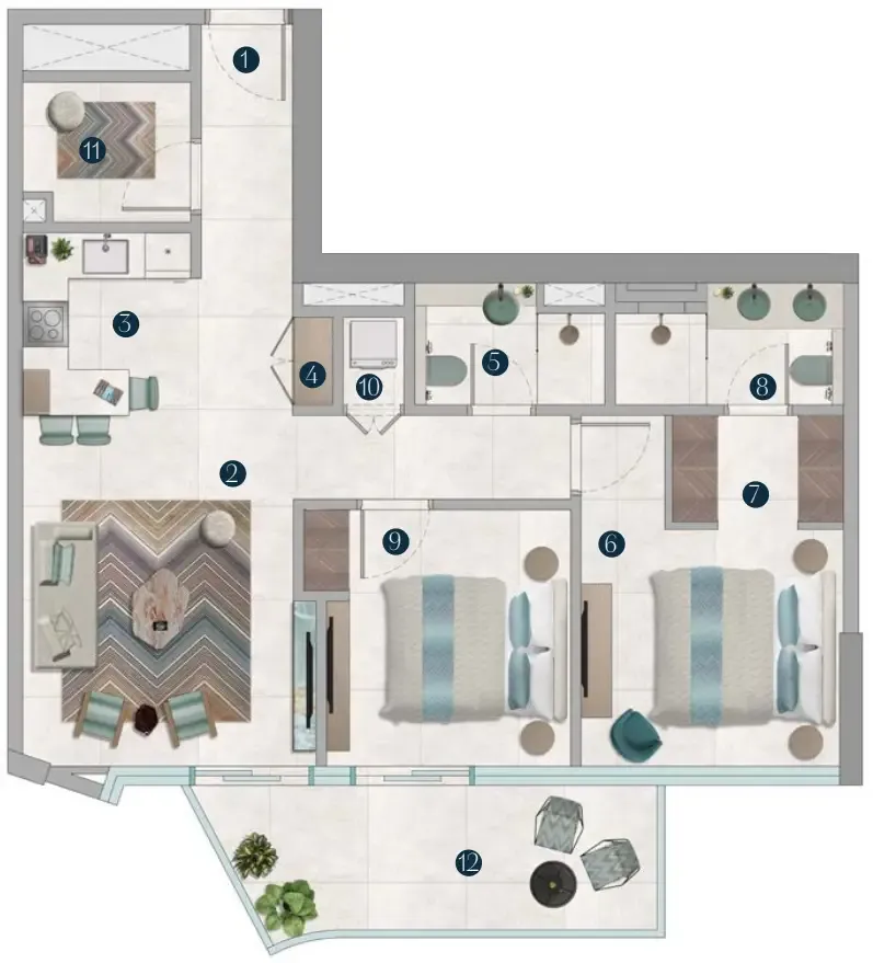 Octa Isle Interiors by Missoni 2 bed floor plan, 1,021 sqft