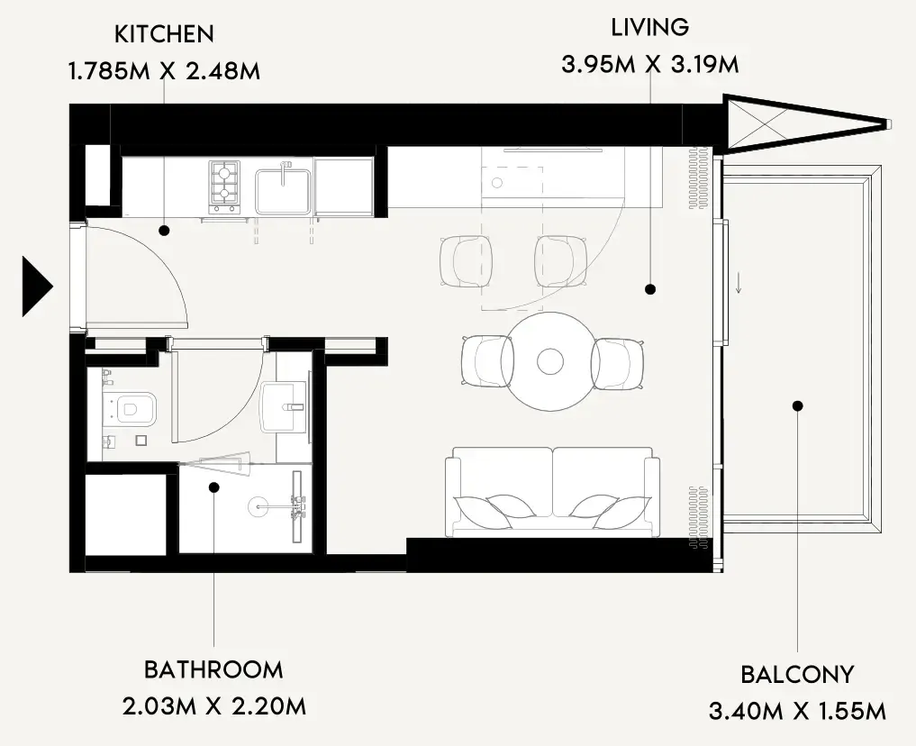 Azizi Wares Studio floor plan, 330 sqft