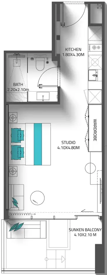 Reef 998 Studio floor plan, 478 sqft