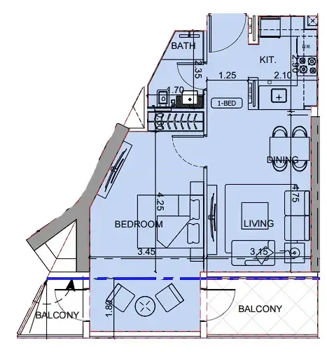 Binghatti Cullinan 1 bed floor plan, 677 sqft