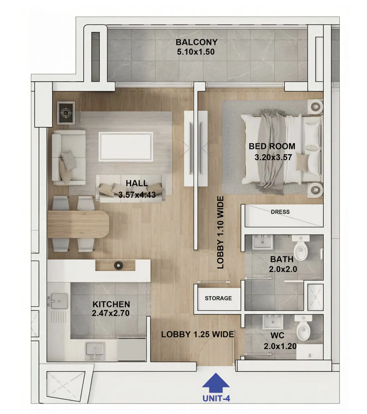 RR Grand 1 bed floor plan, 673 sqft