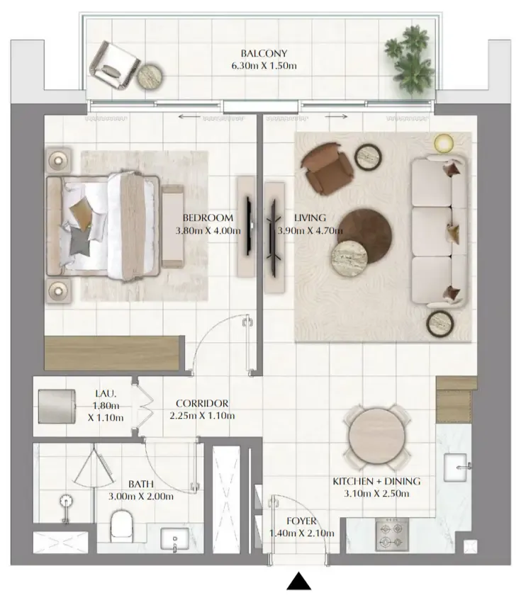 Valia 1 bed floor plan, 821 sqft