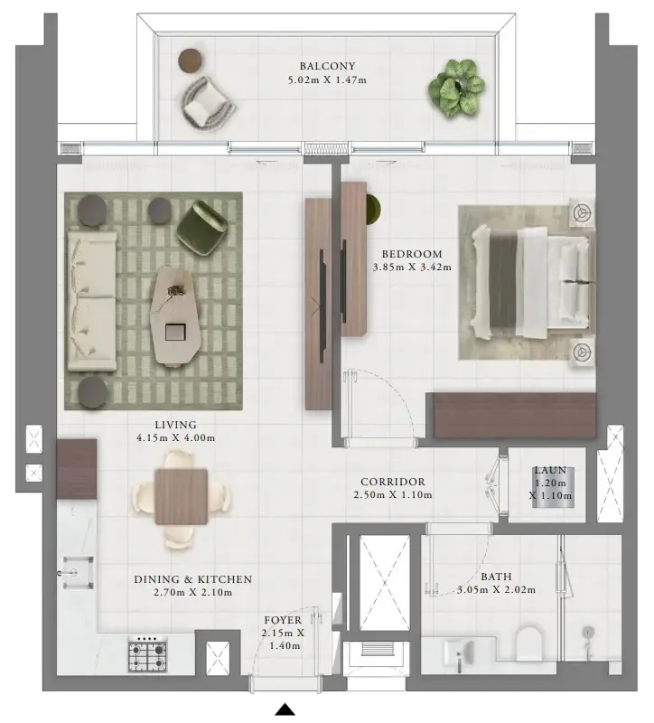 Creek Bay 1 bed floor plan, 761 sqft