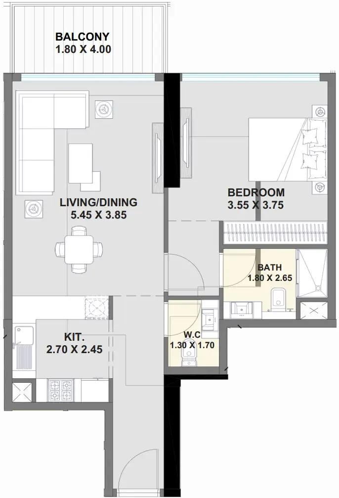 Ayaan Heights 1 1 bed floor plan, 768 – 785 sqft