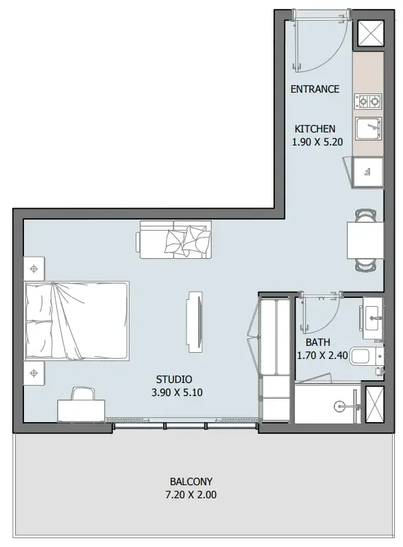 Oceana 1 bed floor plan, 559 sqft