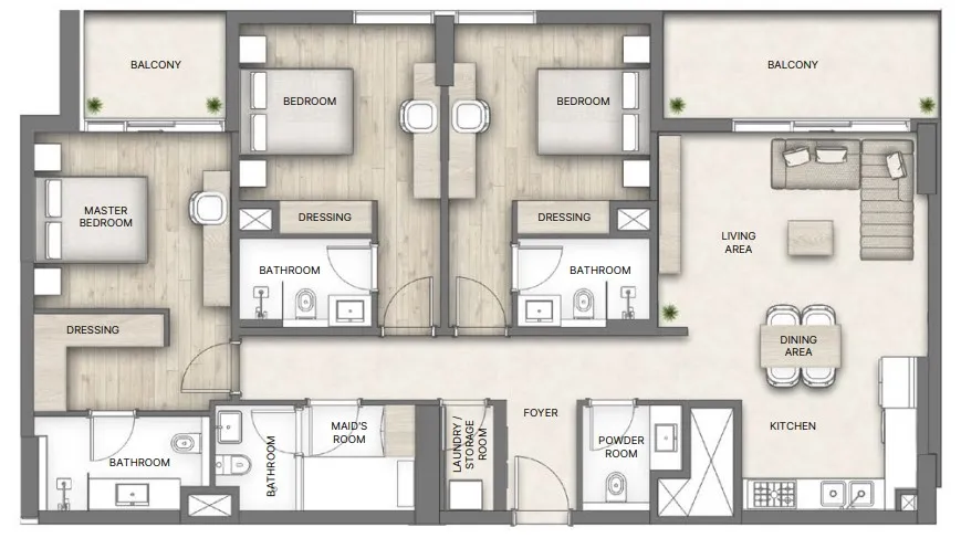 Al Hamra Greens 3 bed floor plan, 1,662 – 1,743 sqft