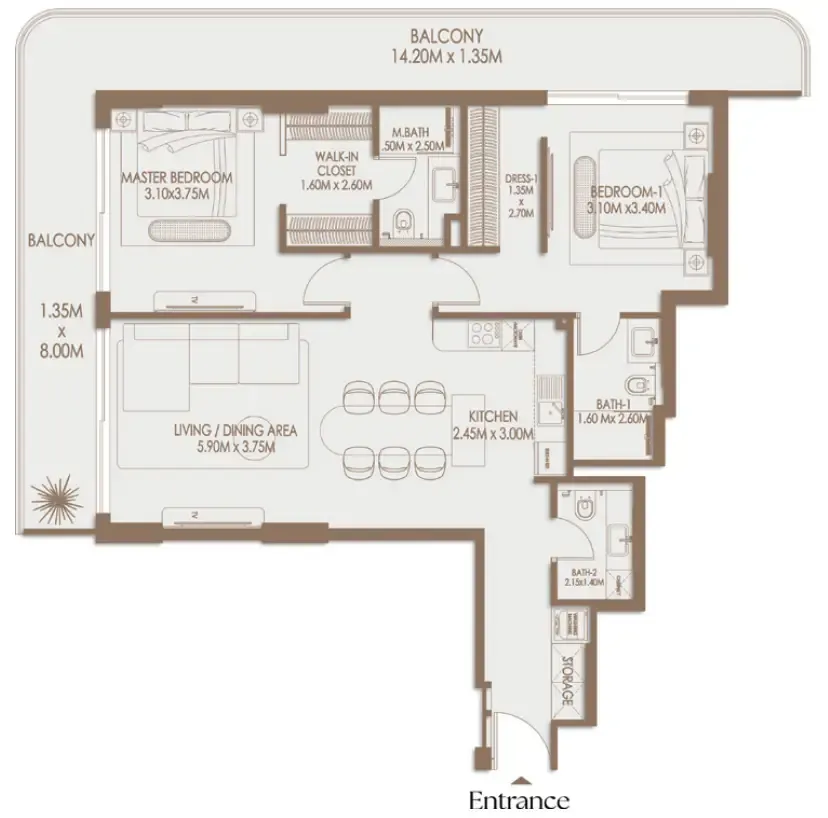 Veona by Gutti 2 bed floor plan, 1,368 sqft