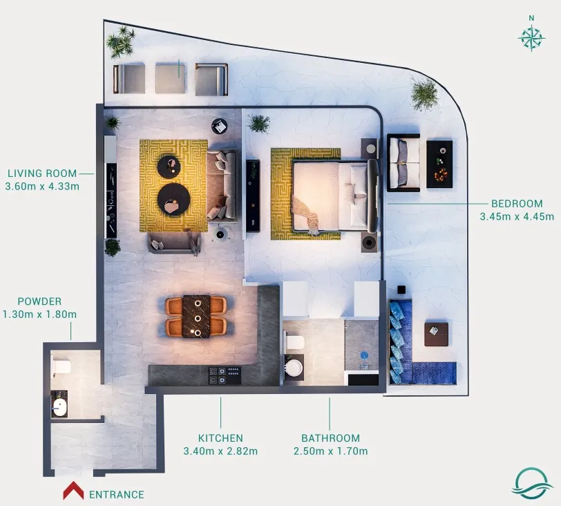 Milos 1 bed floor plan, 992 sqft