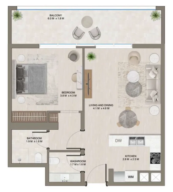 The Corner 1 bed floor plan, 807 sqft