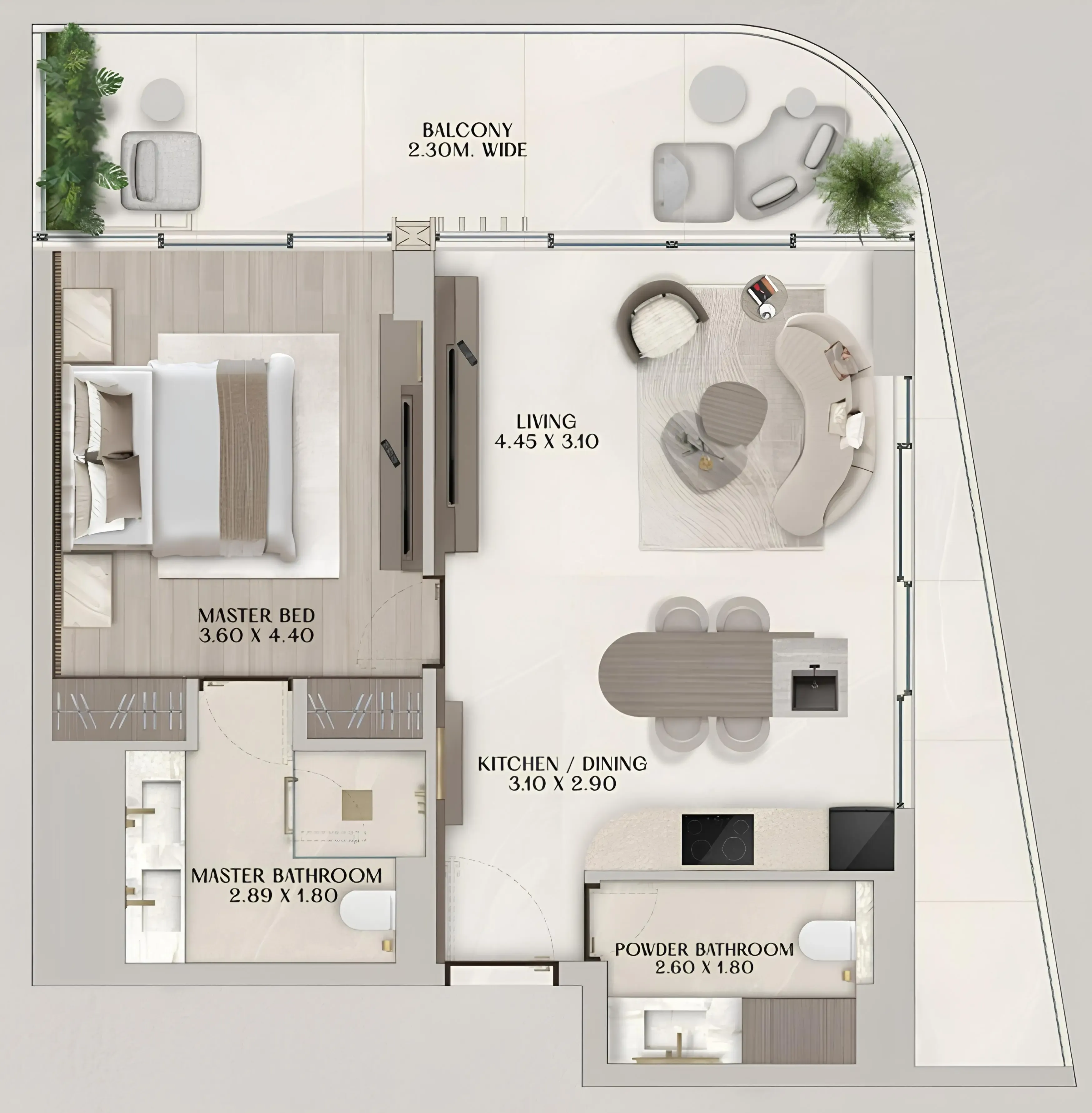 Soléva Beach Residences 1 bed floor plan, 954 sqft