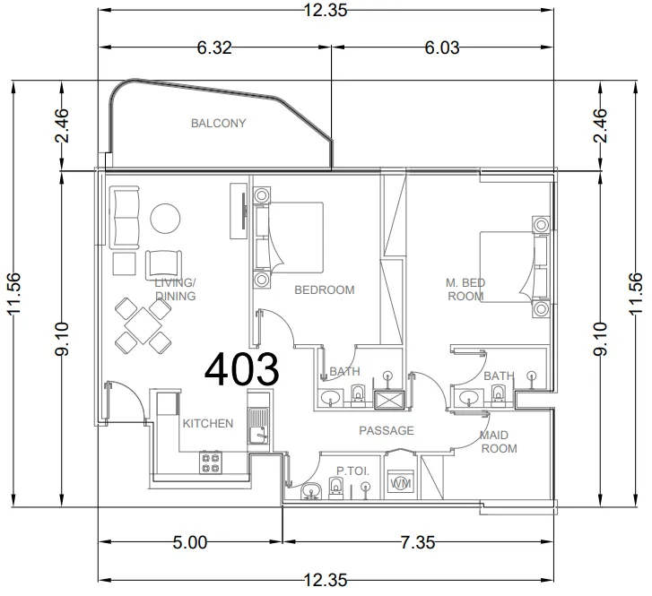Whitecliffs Residences 2 bed floor plan, 1,252 sqft