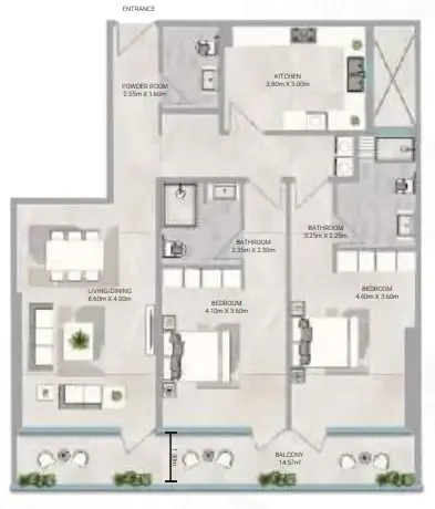 Amwaj Tower 2 bed floor plan, 1,875 sqft