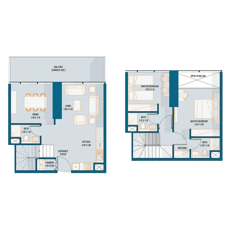 Reportage Tower 2 bed floor plan, 1,207 sqft