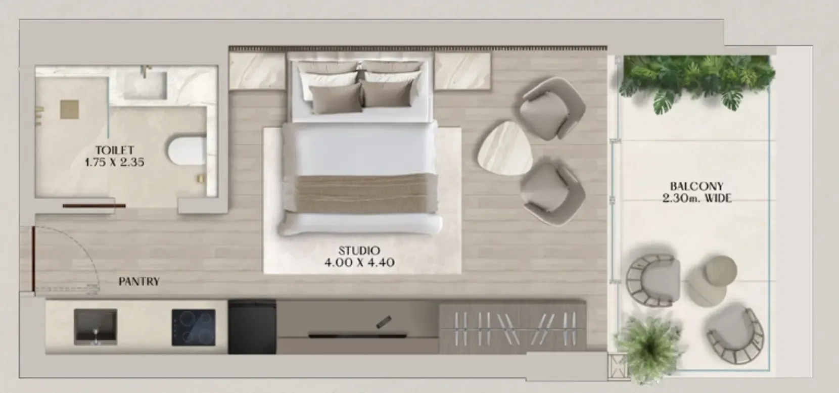 Soléva Beach Residences Studio floor plan, 385 sqft