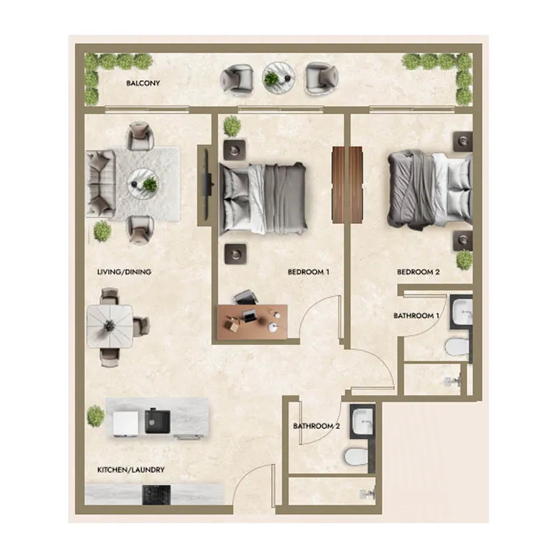 Greenfield Living 2 bed floor plan, 1,017 – 1,043 sqft