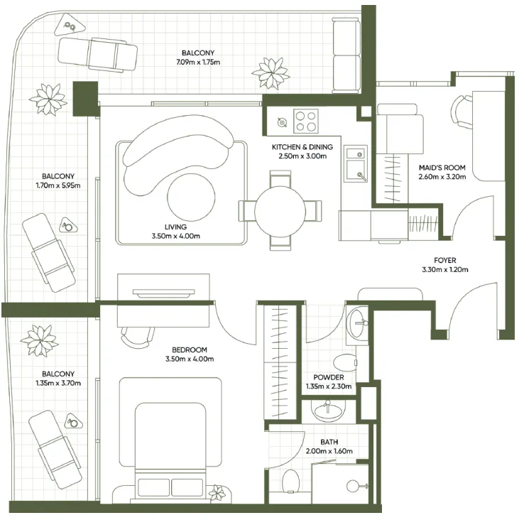 Olivia Gardens 1 bed floor plan, 930 sqft