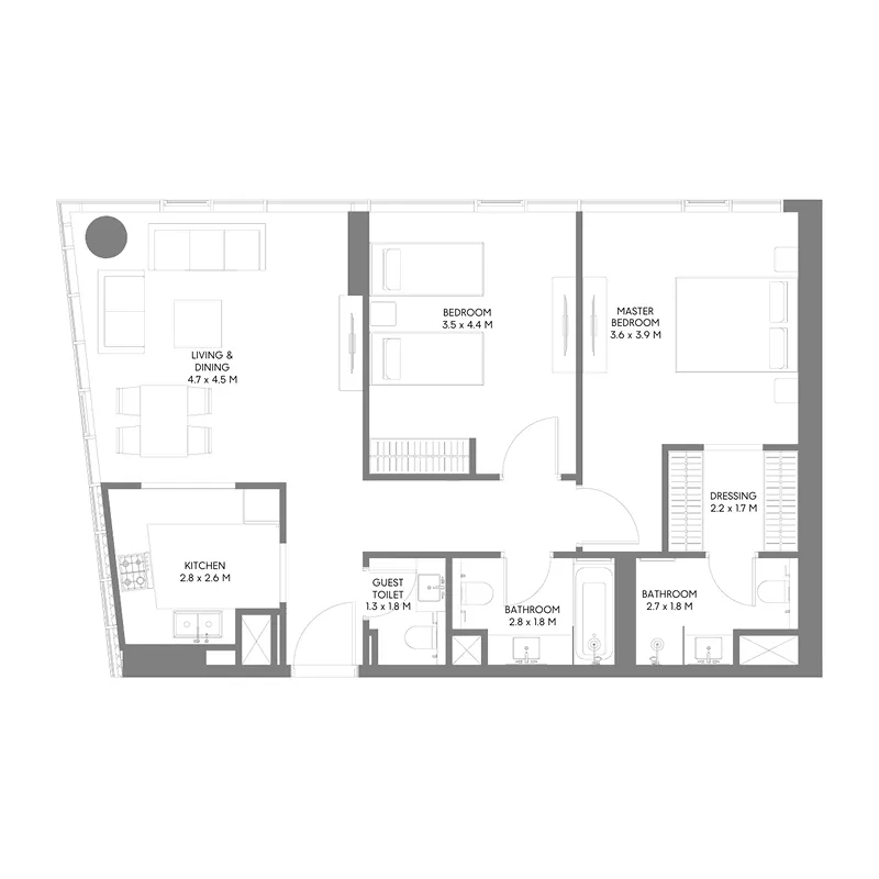 The Gate 5 2 bed floor plan, 1,038 sqft