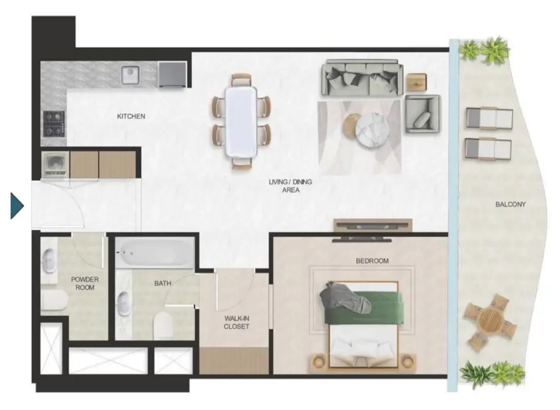 Oystra 1 bed floor plan, 973 sqft