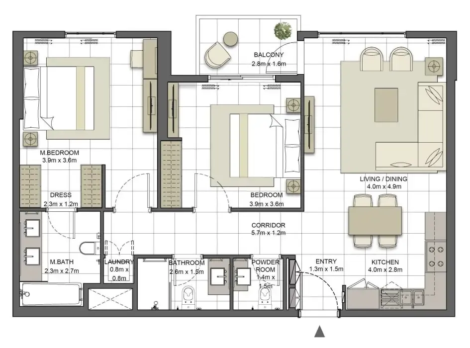 Crystal Residences Tower 2 2 bed floor plan, 1,075 sqft