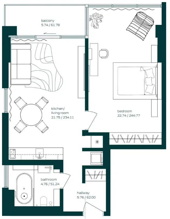 Vibe 1 bed floor plan, 731 sqft