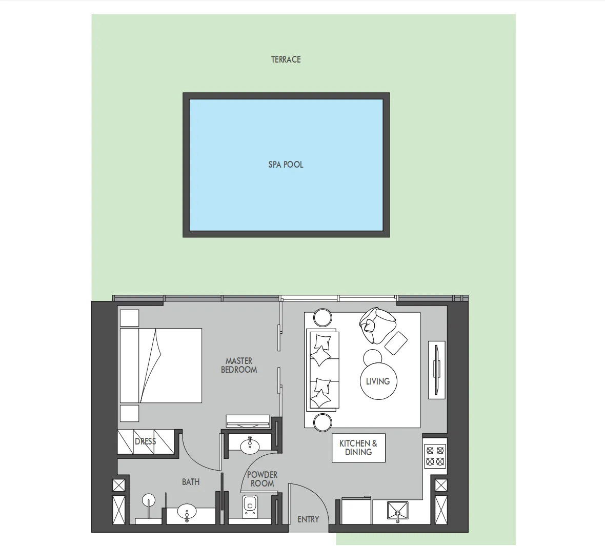 The Waterway 1 bed floor plan, 1,328 sqft