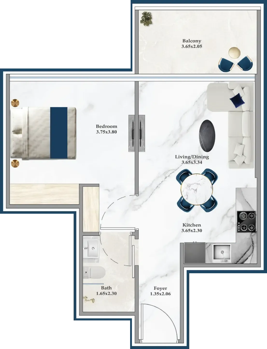Serenz 1 bed floor plan, 541 sqft