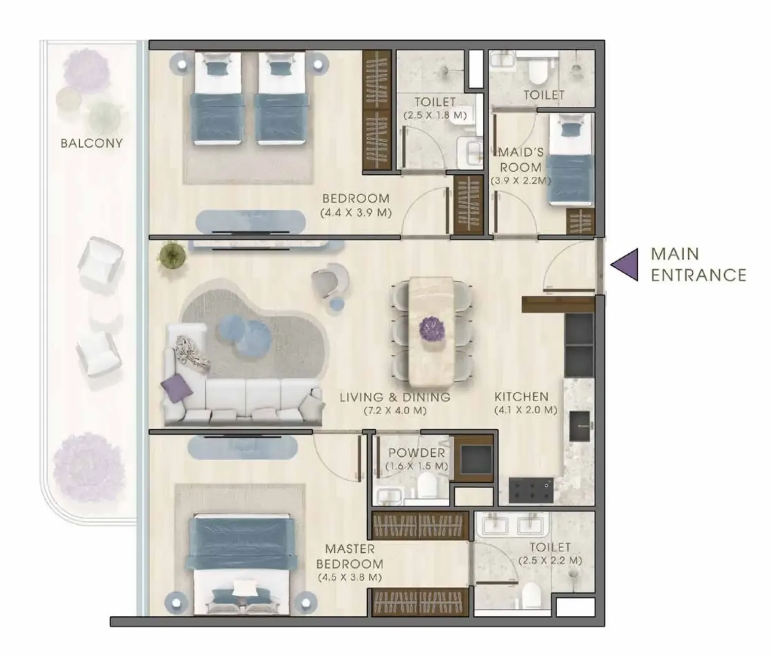 Kaia Residences 2 bed floor plan, 1,367 – 1,414 sqft