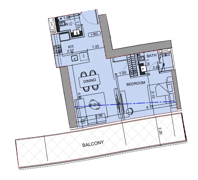 Binghatti Aquarise 1 bed floor plan, 958 sqft
