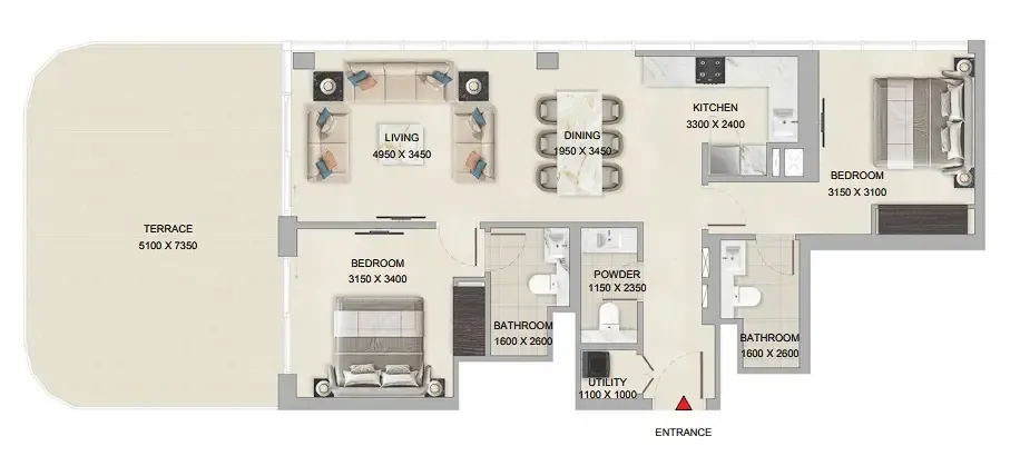Tranquil Beach Residences 2 bed floor plan, 1,356 sqft