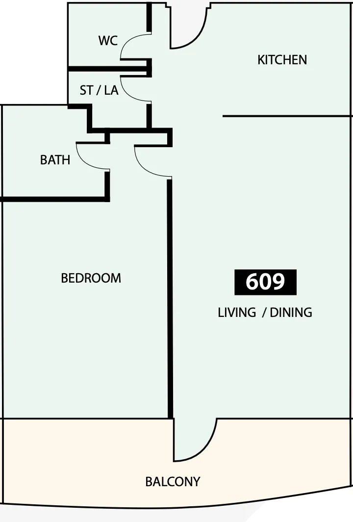 Paradise View 1 1 bed floor plan, 895 sqft