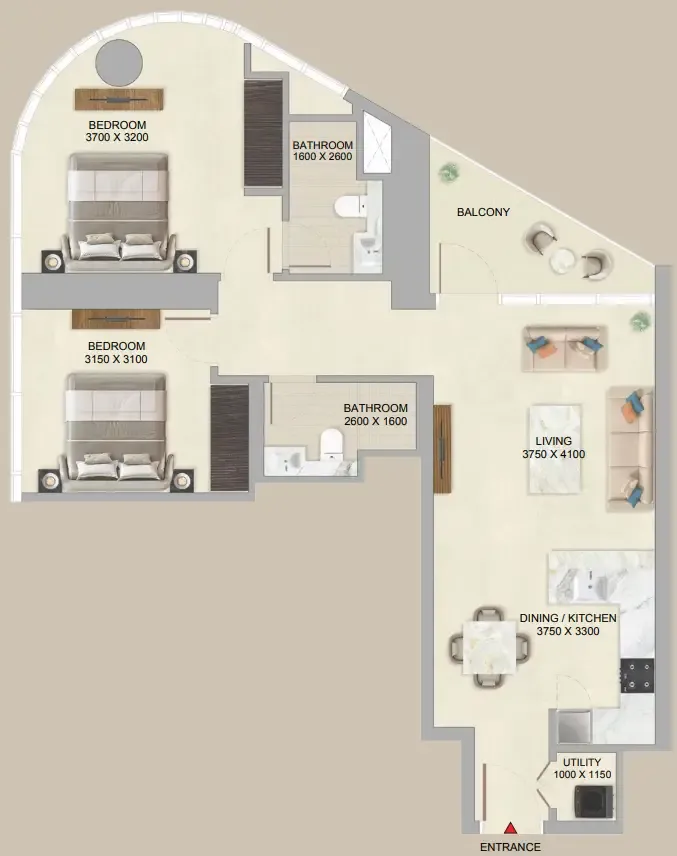 Skyvue Altier 2 bed floor plan, 1,003 sqft