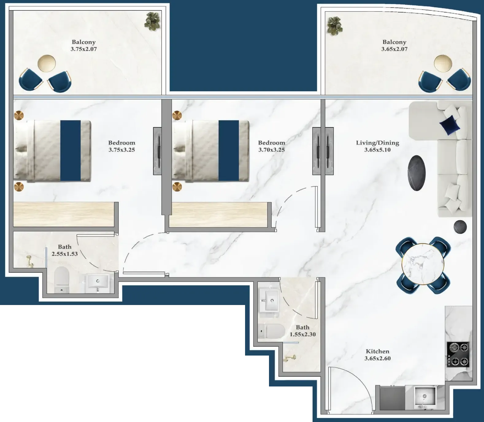 Serenz 2 bed floor plan, 853 sqft
