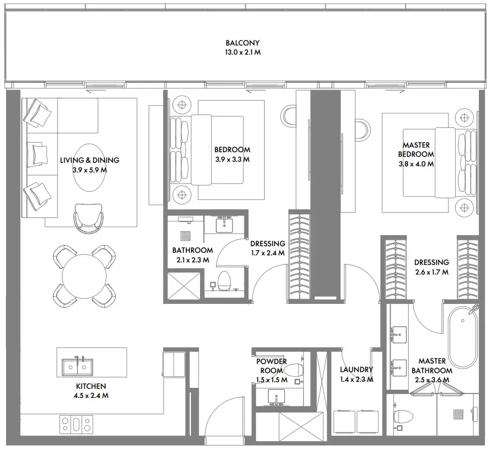 W The Residences by Arada 2 bed floor plan, 1,599 sqft