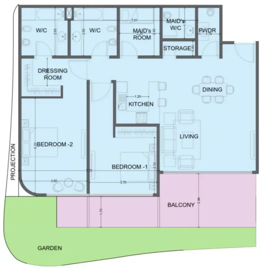 One Residence Al Reem Island 2 bed floor plan, 1,899 sqft