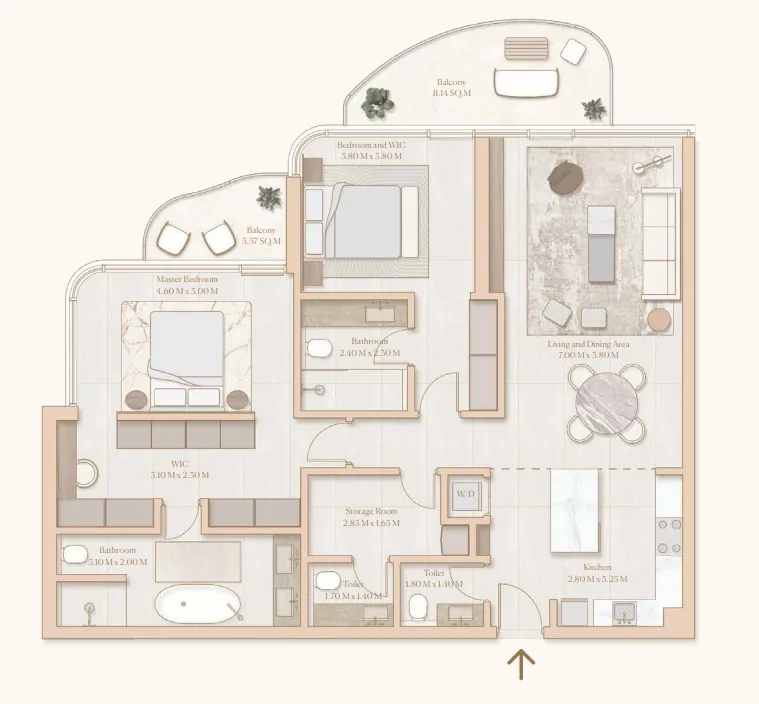 Esme Beach Residences 2 bed floor plan, 1,527 sqft