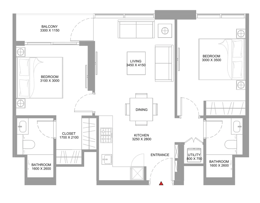 Starline Beach Residences 2 bed floor plan, 776 sqft