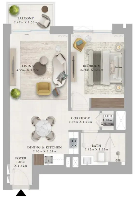 Creek Haven 1 bed floor plan, 728 sqft