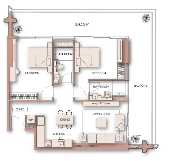 Binghatti Pinnacle 2 bed floor plan, 1,319 sqft