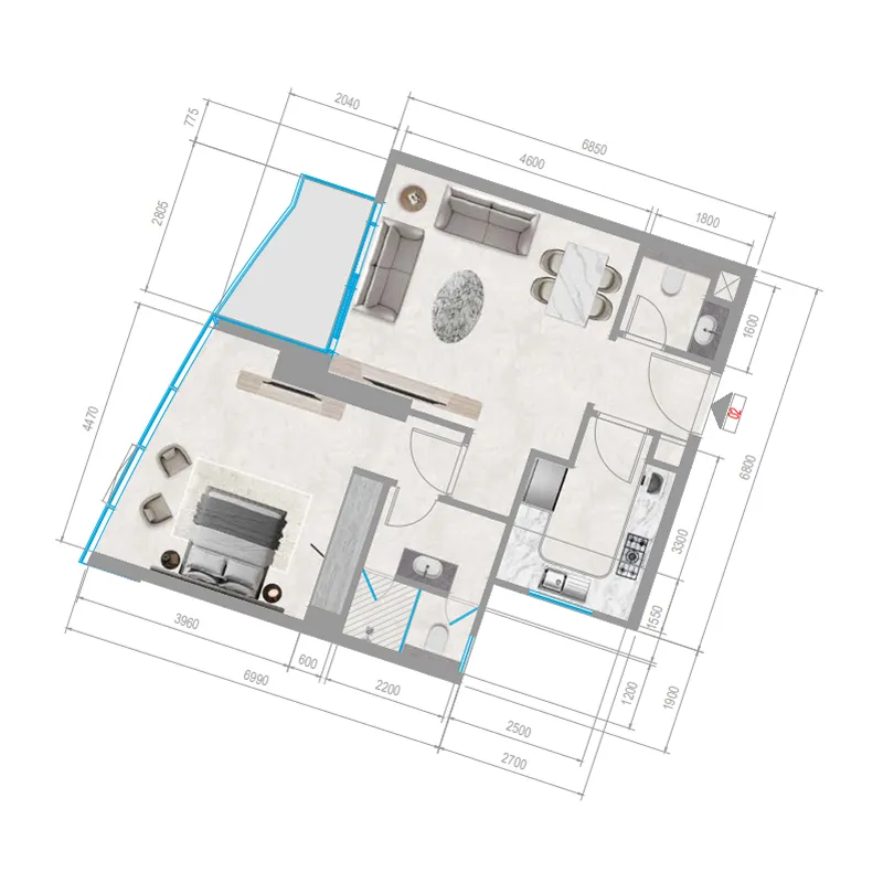 Orchid Towers Phase 1 1 bed floor plan, 735 sqft