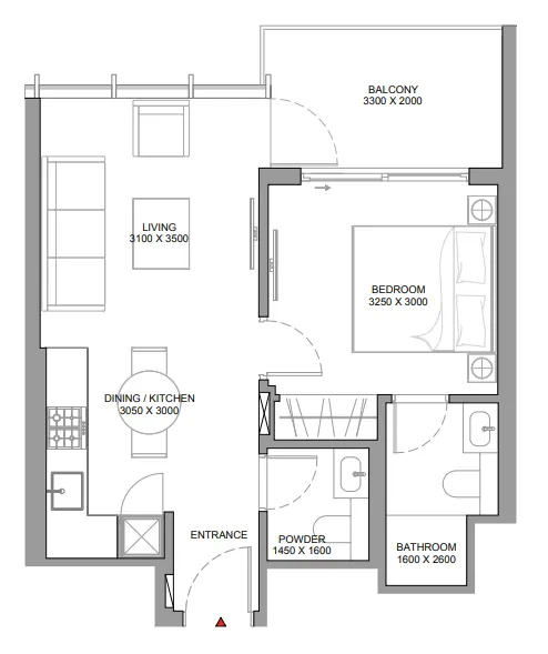Sobha Aquamont 1 bed floor plan, 557 sqft