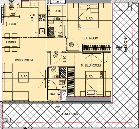Binghatti Starlight 2 bed floor plan, 1,191 sqft